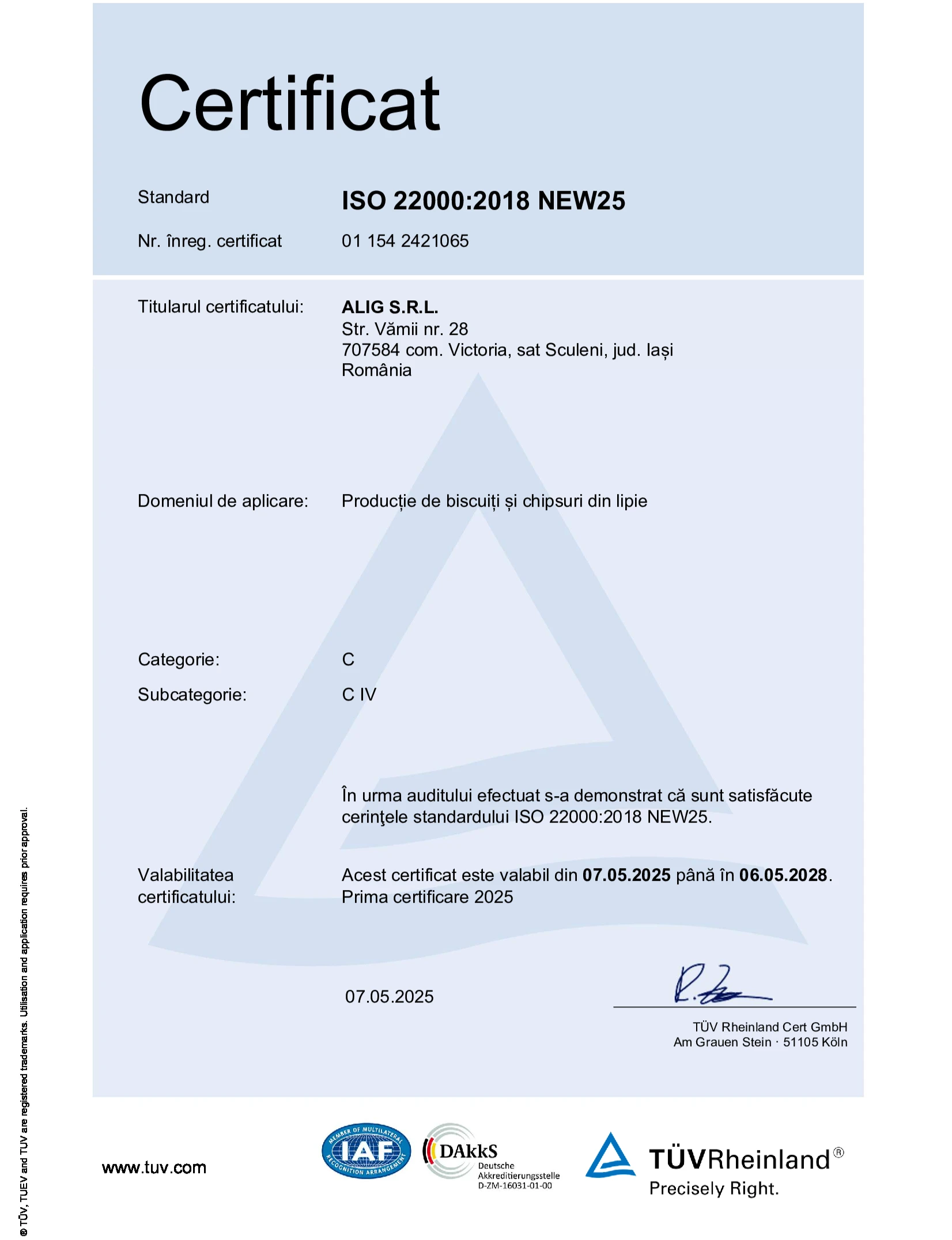 Quality certificate Colibri - ALIG SRL