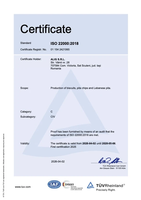 ISO 22000:2018 Zertifikat Colibri - ALIG SRL